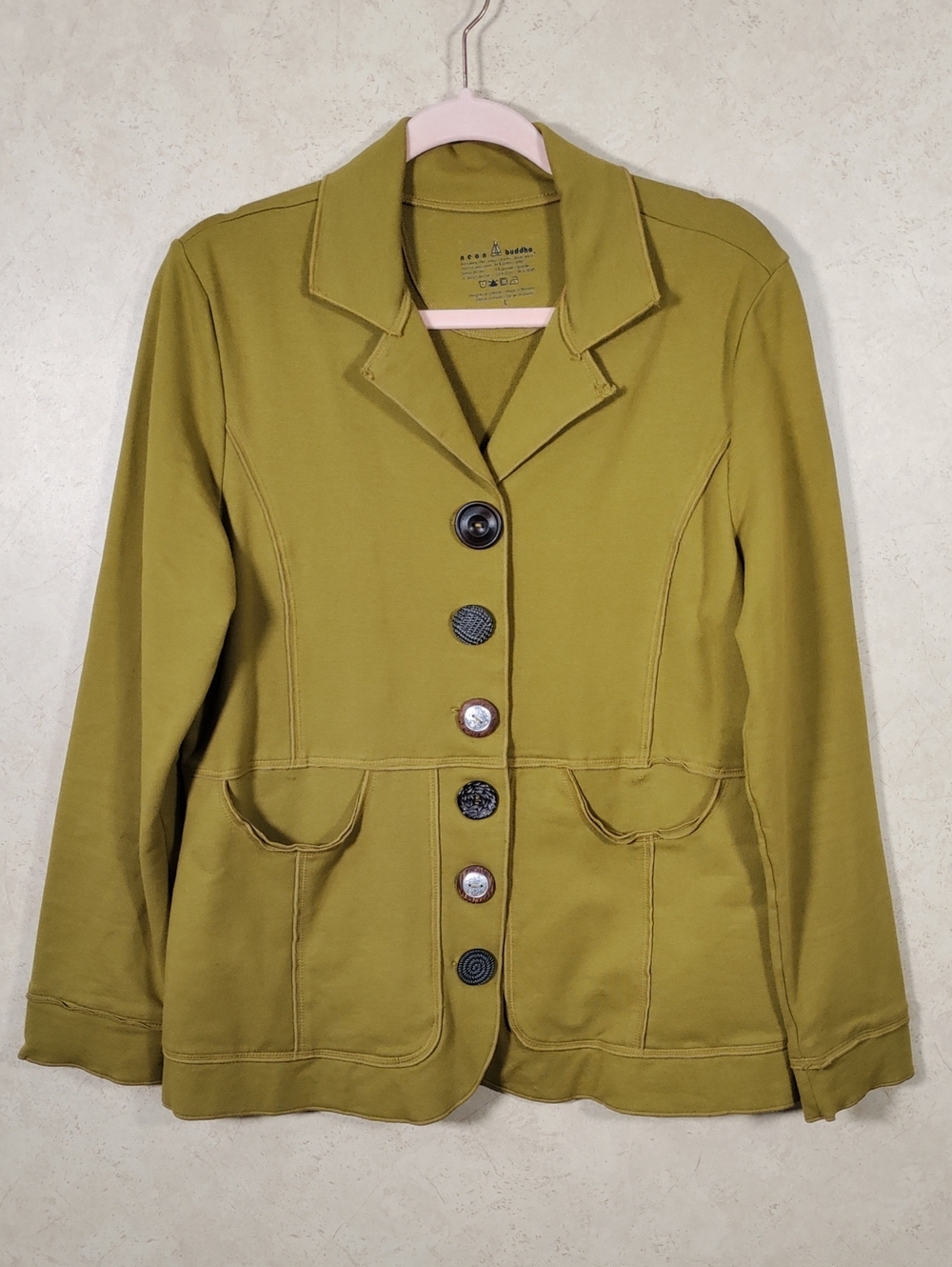 J128 Neon Buddha Green Fleece Jacket With Art Deco Buttons L